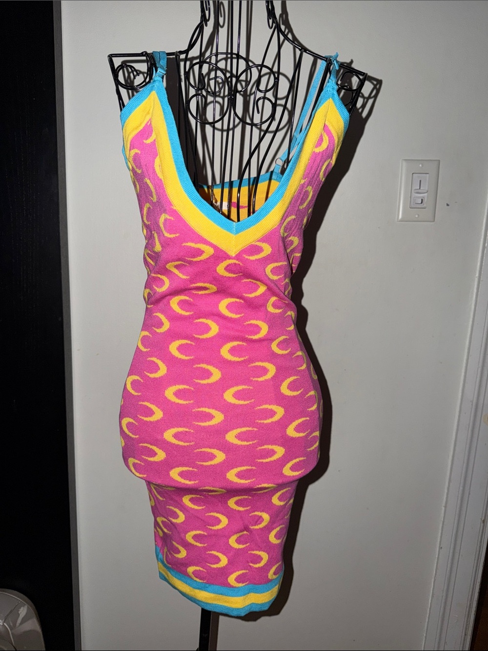 Pink Crescent-Print Knit Slip Dress with Blue Trim